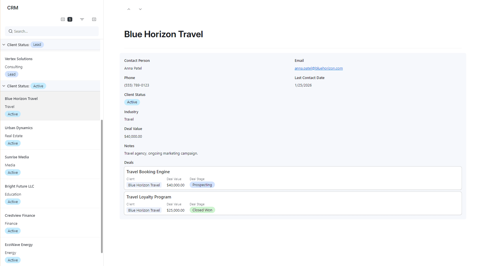 Client relations management dashboard